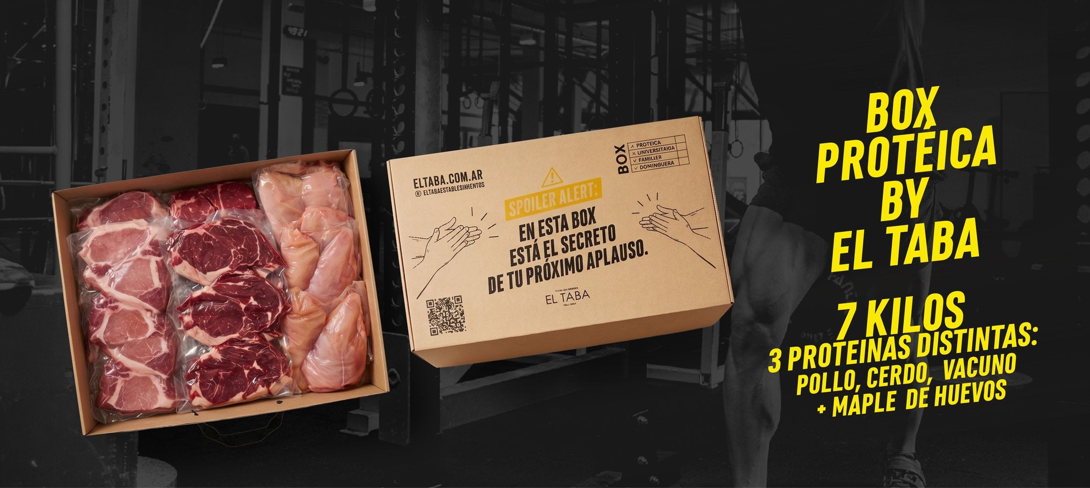 Box Protéica by El Taba — 7 kilos, 3 proteínas distintas: pollo, cerdo, vacuno + maple de huevos