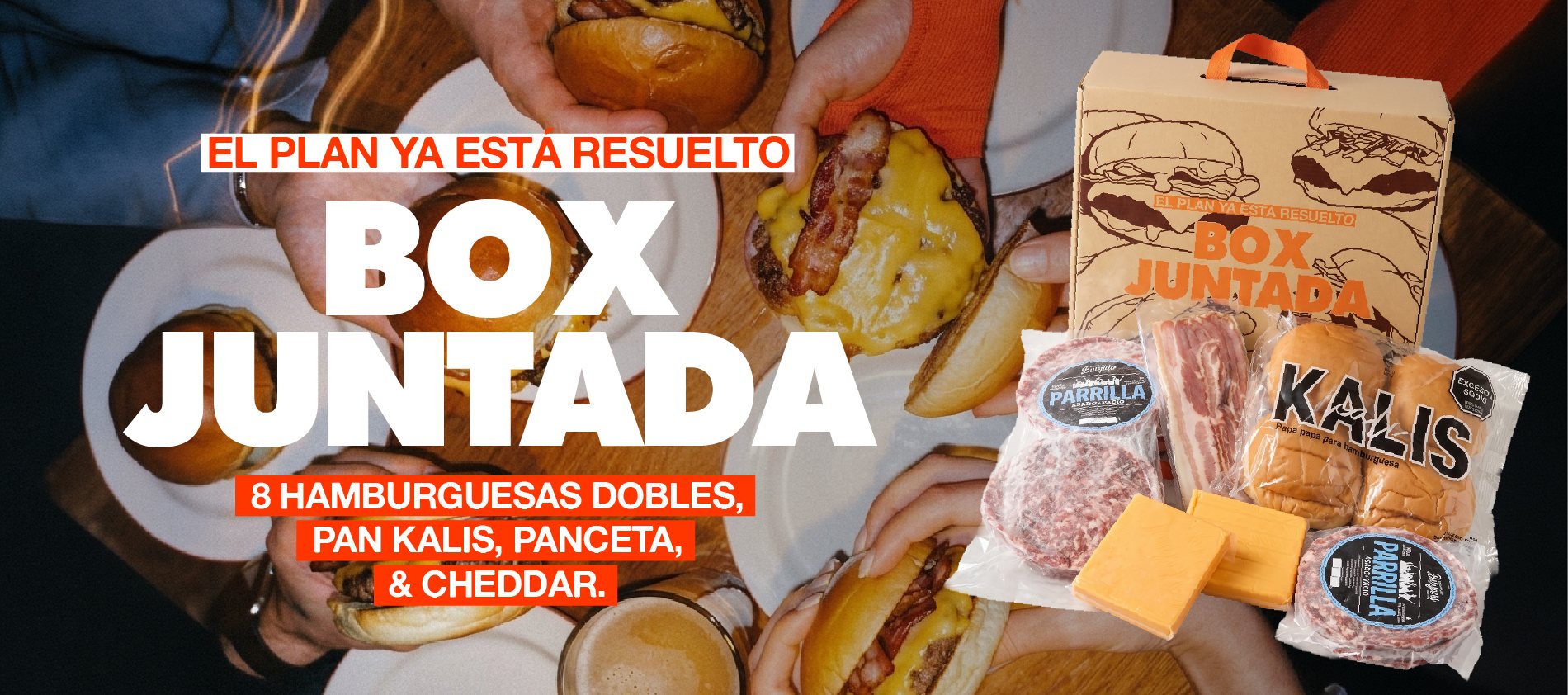 Box Juntada — 8 hamburguesas dobles, pan Kalis, panceta y cheddar