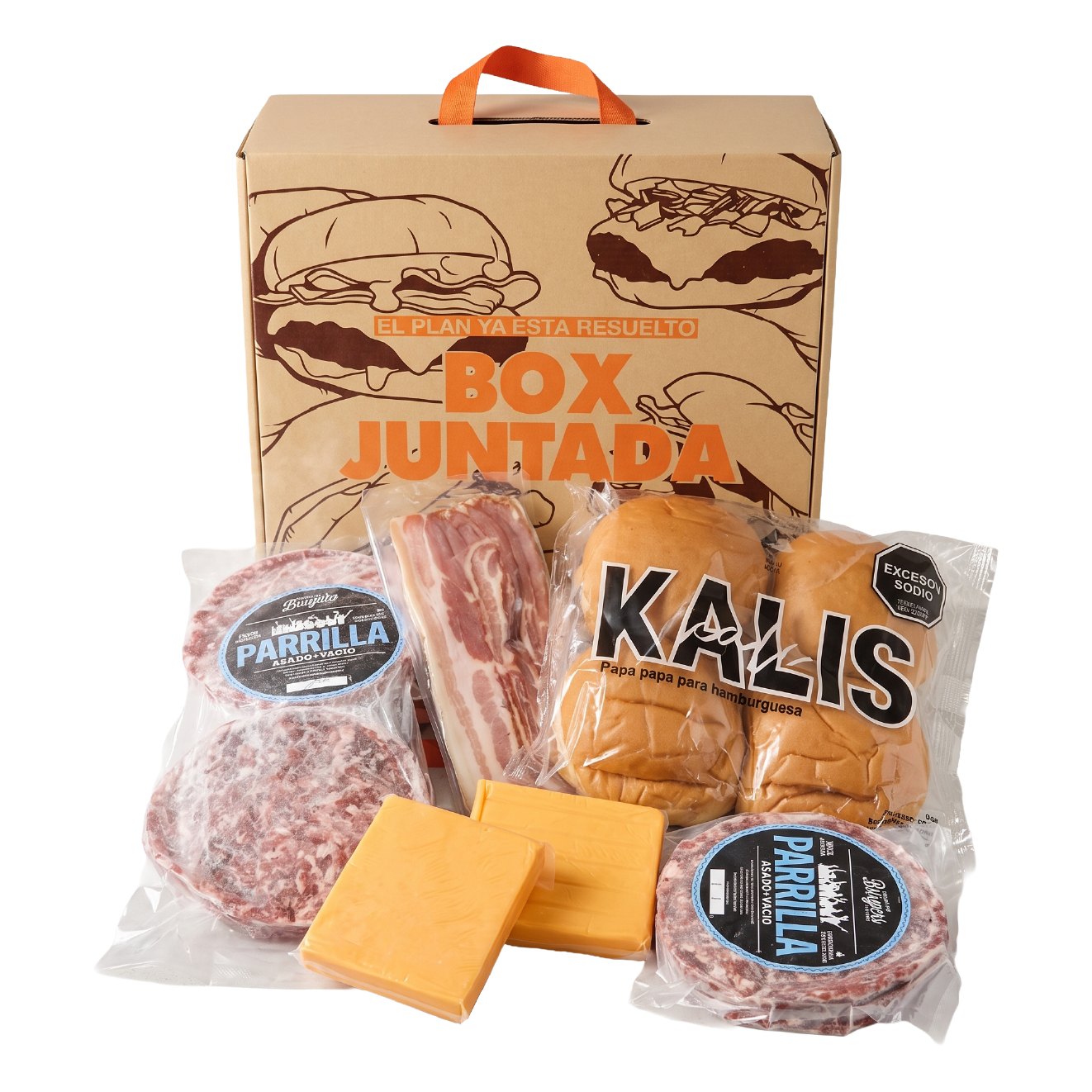 Box Juntada — el box abierto con las hamburguesas, pan Kalis, panceta y cheddar
