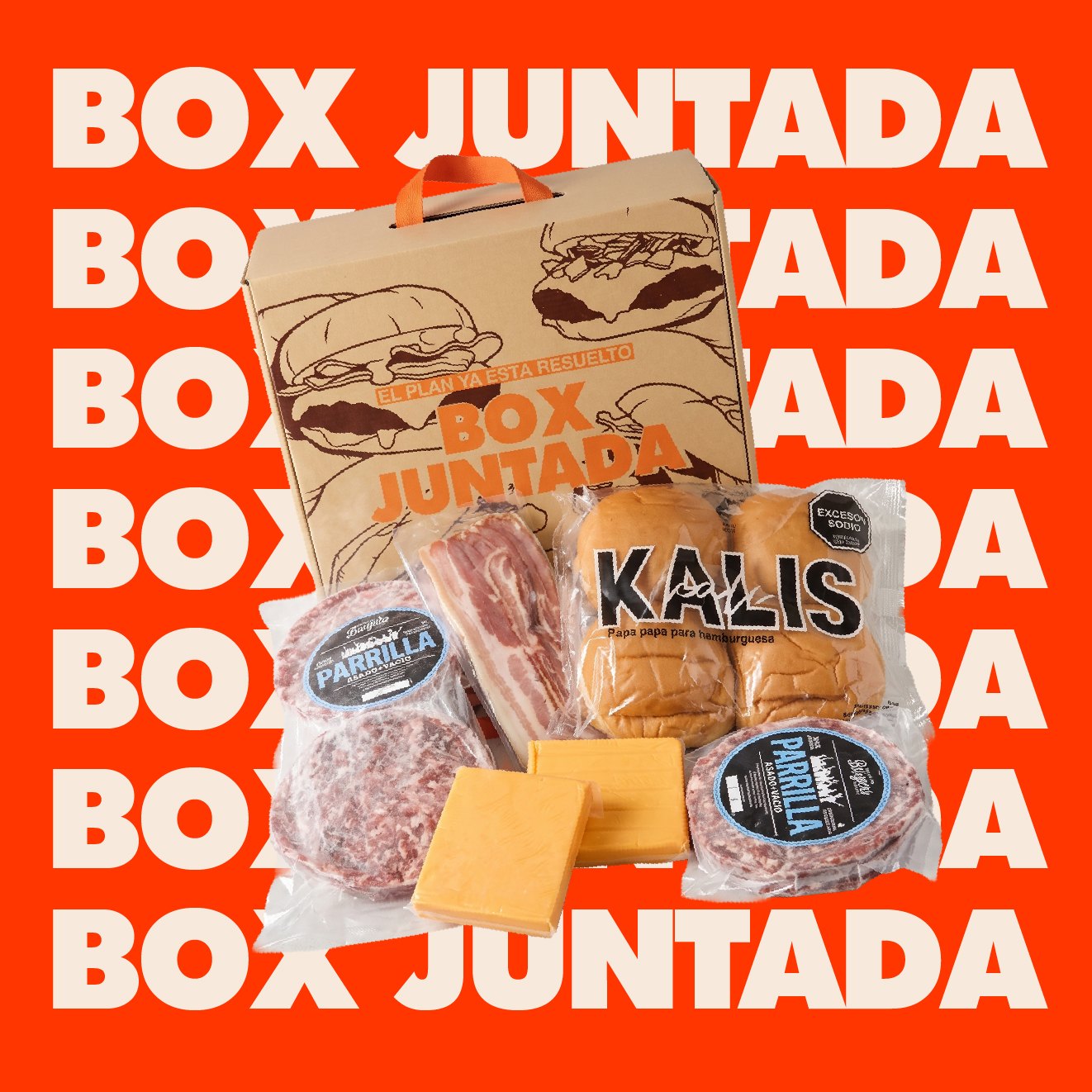 Box Juntada — el box y su contenido sobre fondo naranja