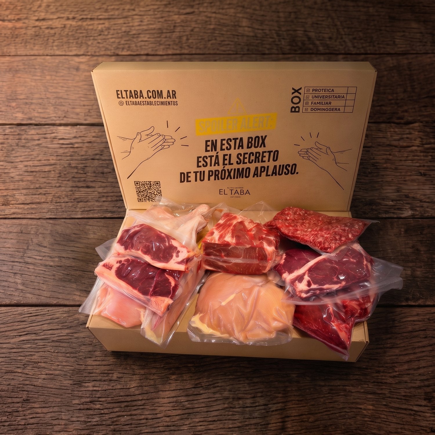 Box Pareja — el box abierto con los 6 cortes sobre madera